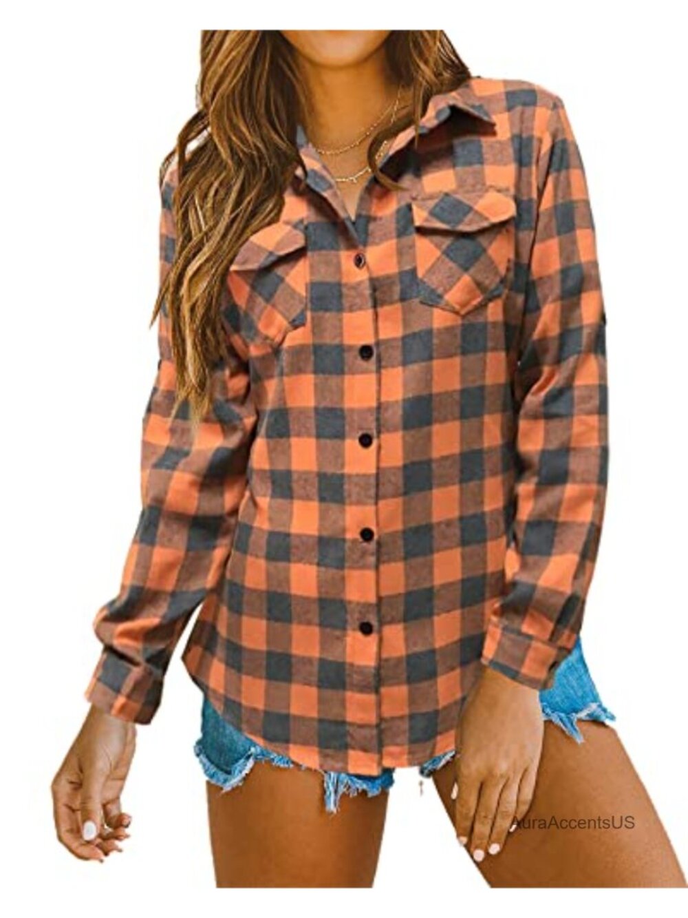 Womens Casual Cuffed Long Sleeve Button Down Plaid Flannel Shirt